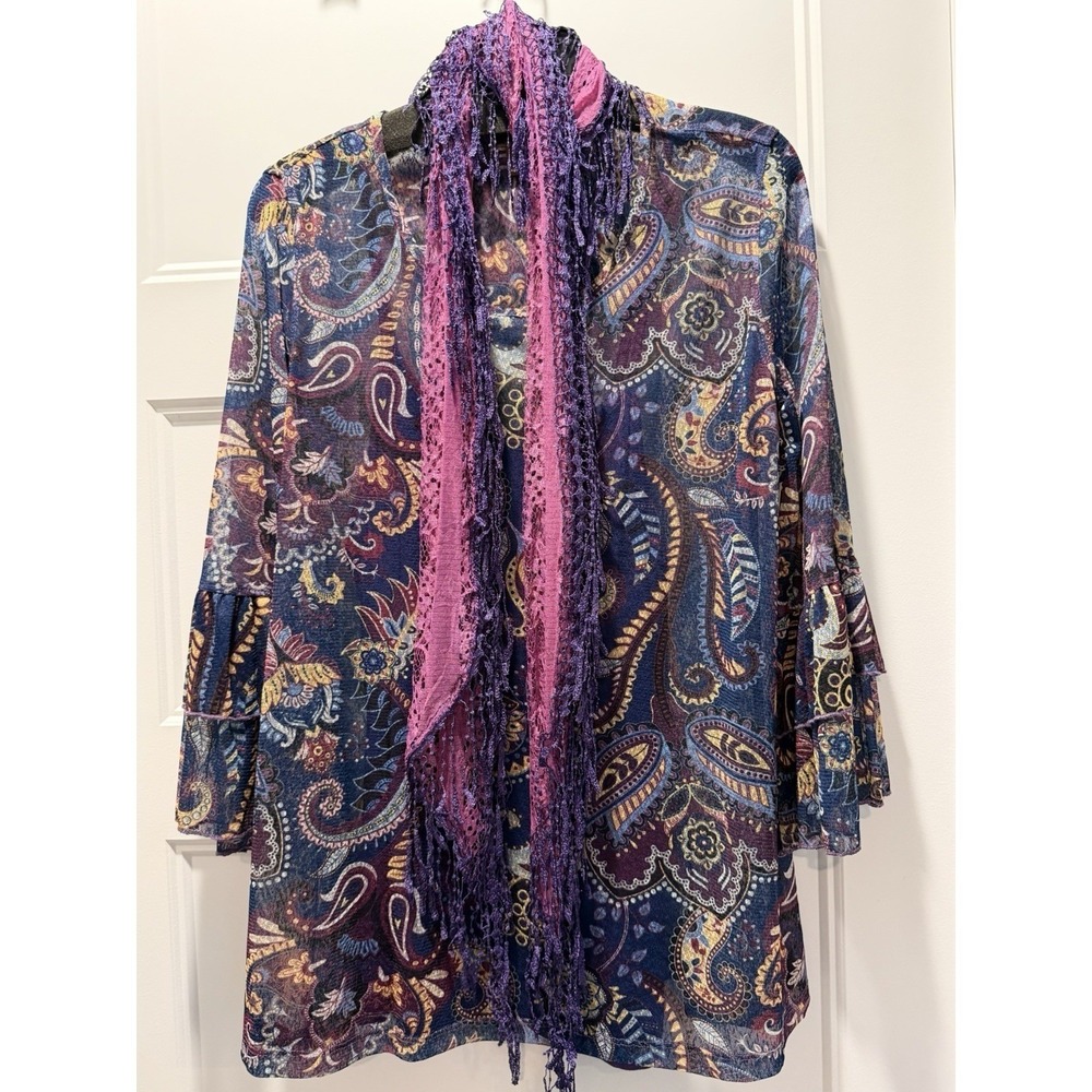 NWT MULTIPLES Missy Camp Branch Paisley Bell Sleeve Tunic Top Scarf Set Medium
